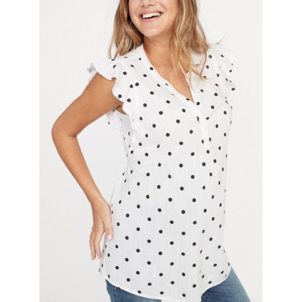 New Old Navy Top Womens XL Polka Dot Split Neck Ruffle Sleeve Top White Black